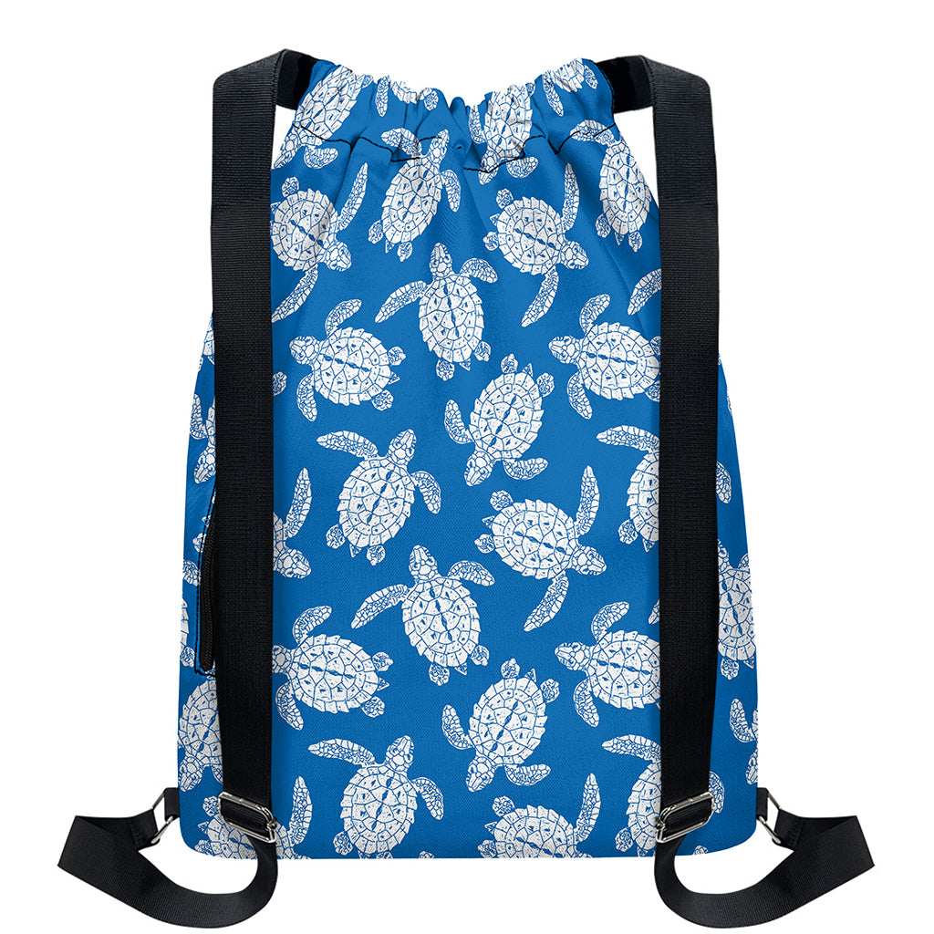 Blue And White Sea Turtle Pattern Print Drawstring Backpack