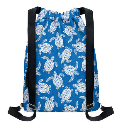 Blue And White Sea Turtle Pattern Print Drawstring Backpack