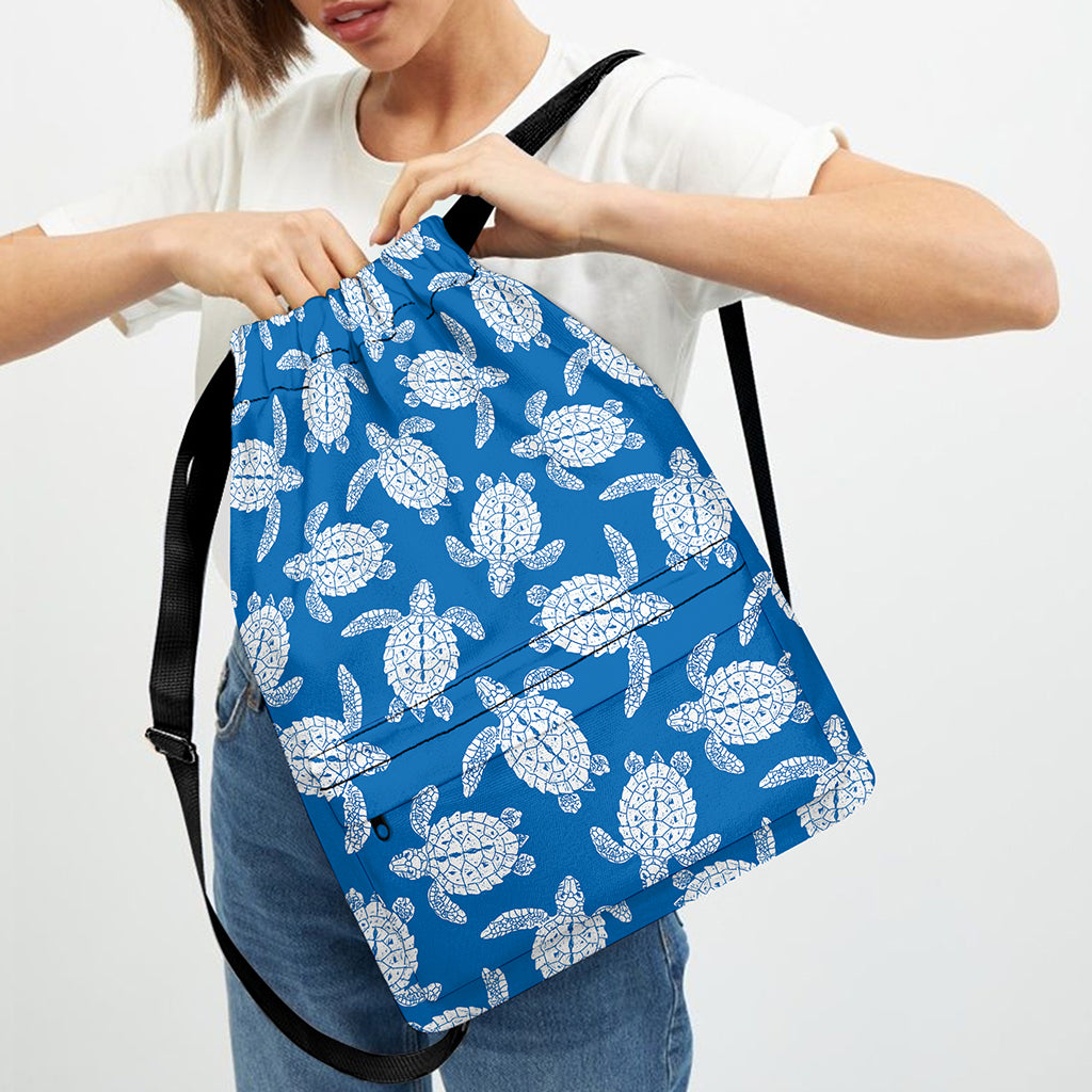 Blue And White Sea Turtle Pattern Print Drawstring Backpack