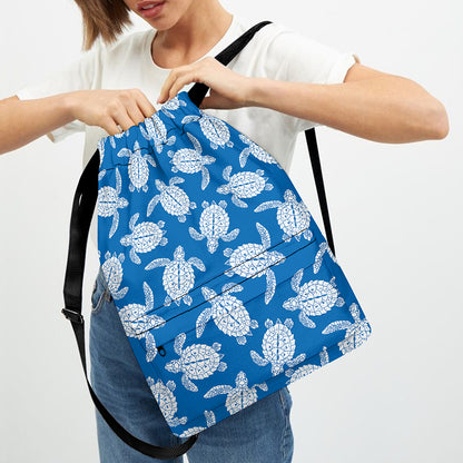 Blue And White Sea Turtle Pattern Print Drawstring Backpack