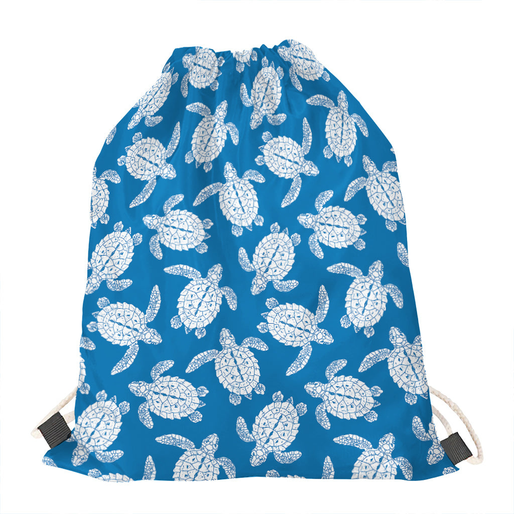 Blue And White Sea Turtle Pattern Print Drawstring Bag