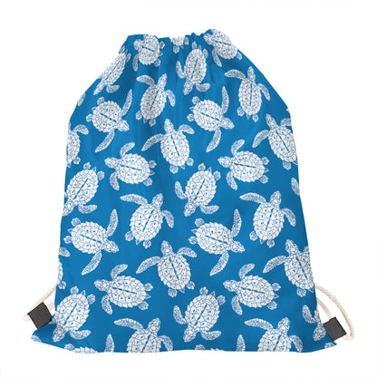 Blue And White Sea Turtle Pattern Print Drawstring Bag