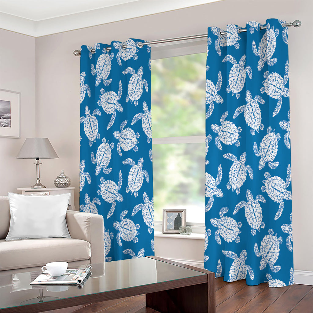 Blue And White Sea Turtle Pattern Print Extra Wide Grommet Curtains