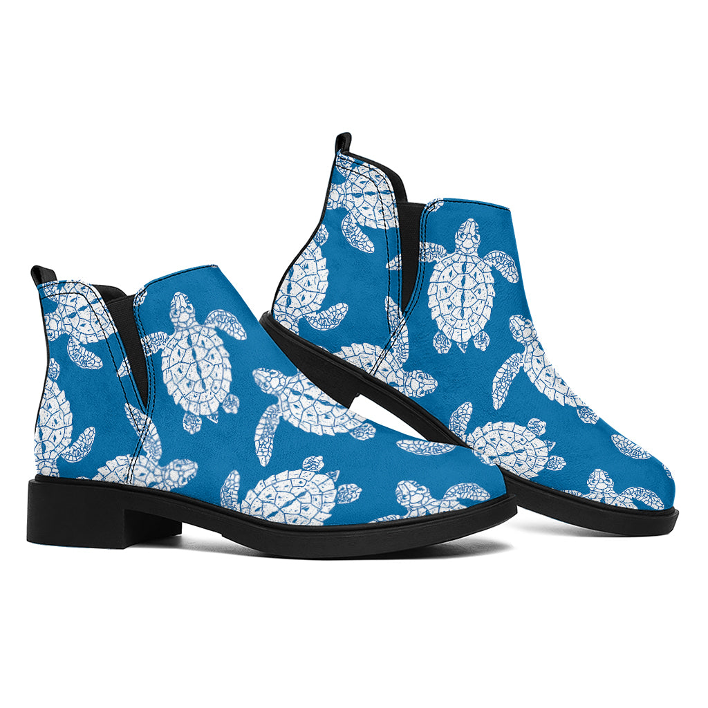 Blue And White Sea Turtle Pattern Print Flat Ankle Boots