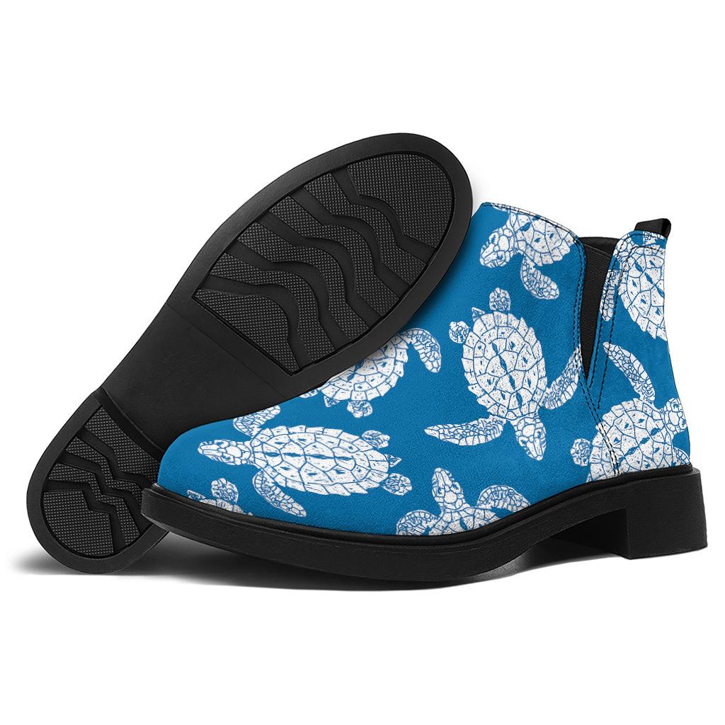 Blue And White Sea Turtle Pattern Print Flat Ankle Boots