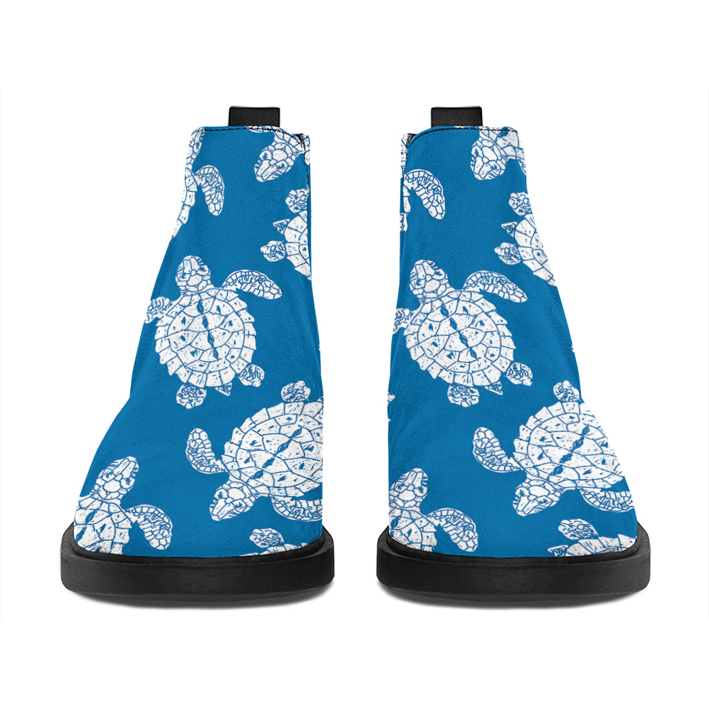 Blue And White Sea Turtle Pattern Print Flat Ankle Boots