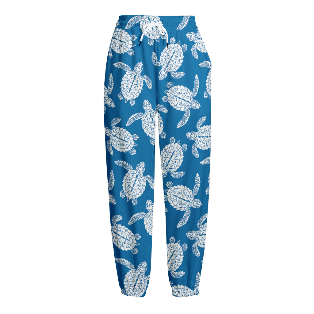 Blue And White Sea Turtle Pattern Print Fleece Lined Knit Pants