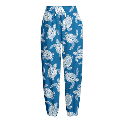 Blue And White Sea Turtle Pattern Print Fleece Lined Knit Pants