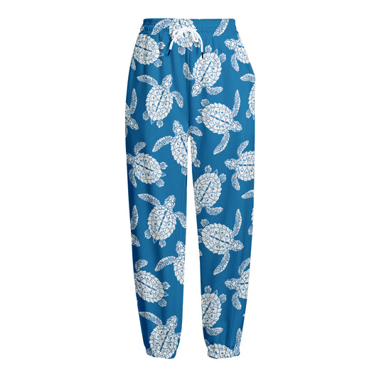 Blue And White Sea Turtle Pattern Print Fleece Lined Knit Pants