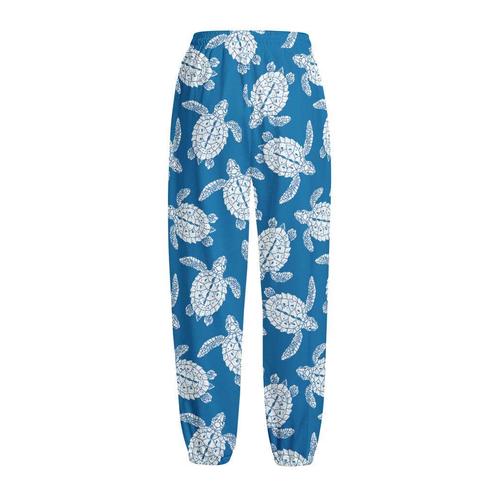 Blue And White Sea Turtle Pattern Print Fleece Lined Knit Pants