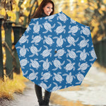 Blue And White Sea Turtle Pattern Print Foldable Umbrella