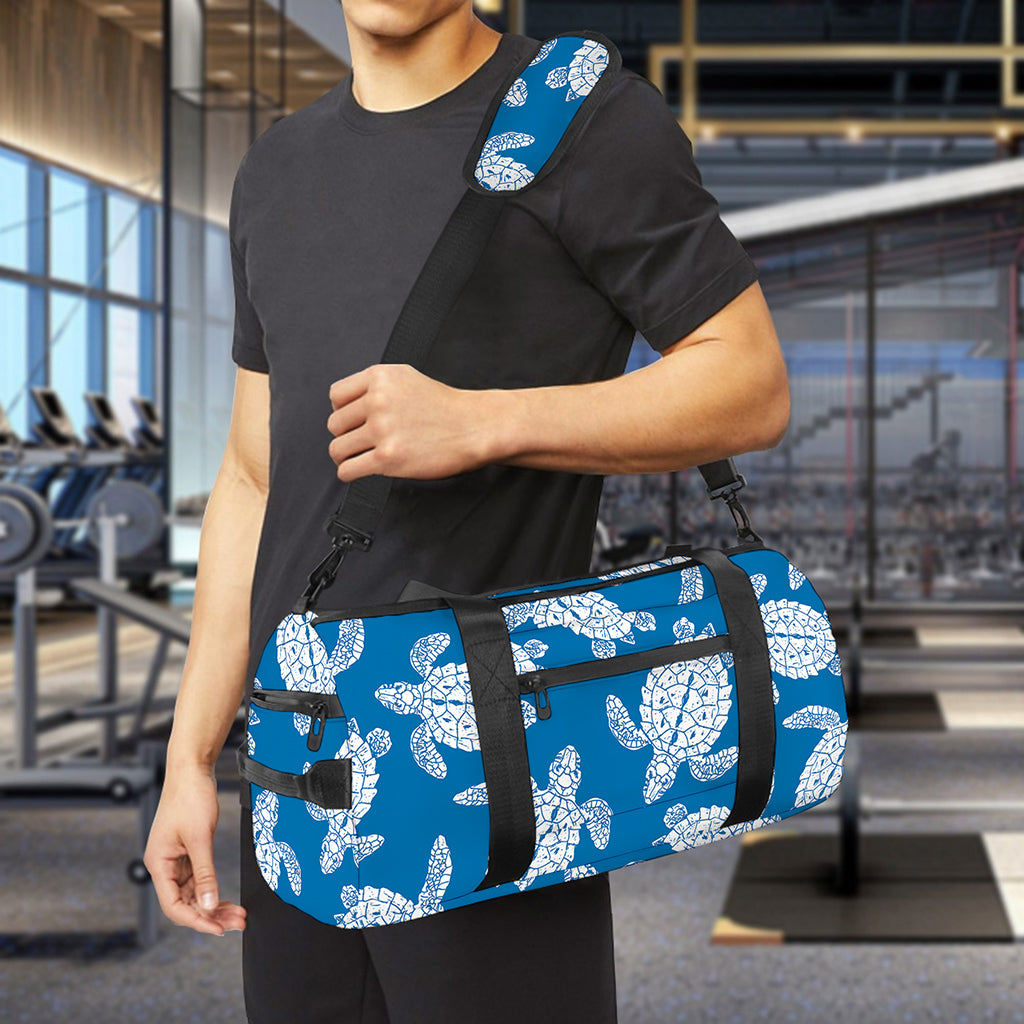 Blue And White Sea Turtle Pattern Print Gym Bag