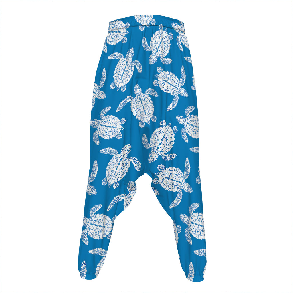 Blue And White Sea Turtle Pattern Print Hammer Pants