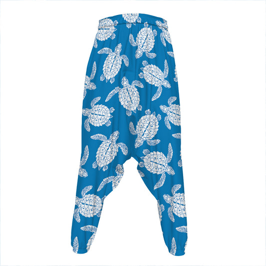Blue And White Sea Turtle Pattern Print Hammer Pants