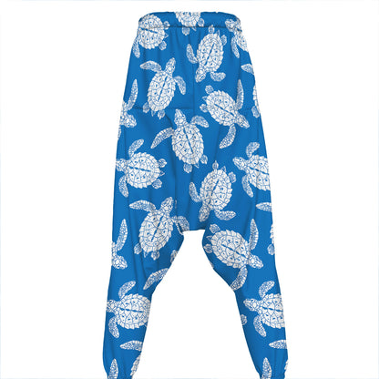 Blue And White Sea Turtle Pattern Print Hammer Pants