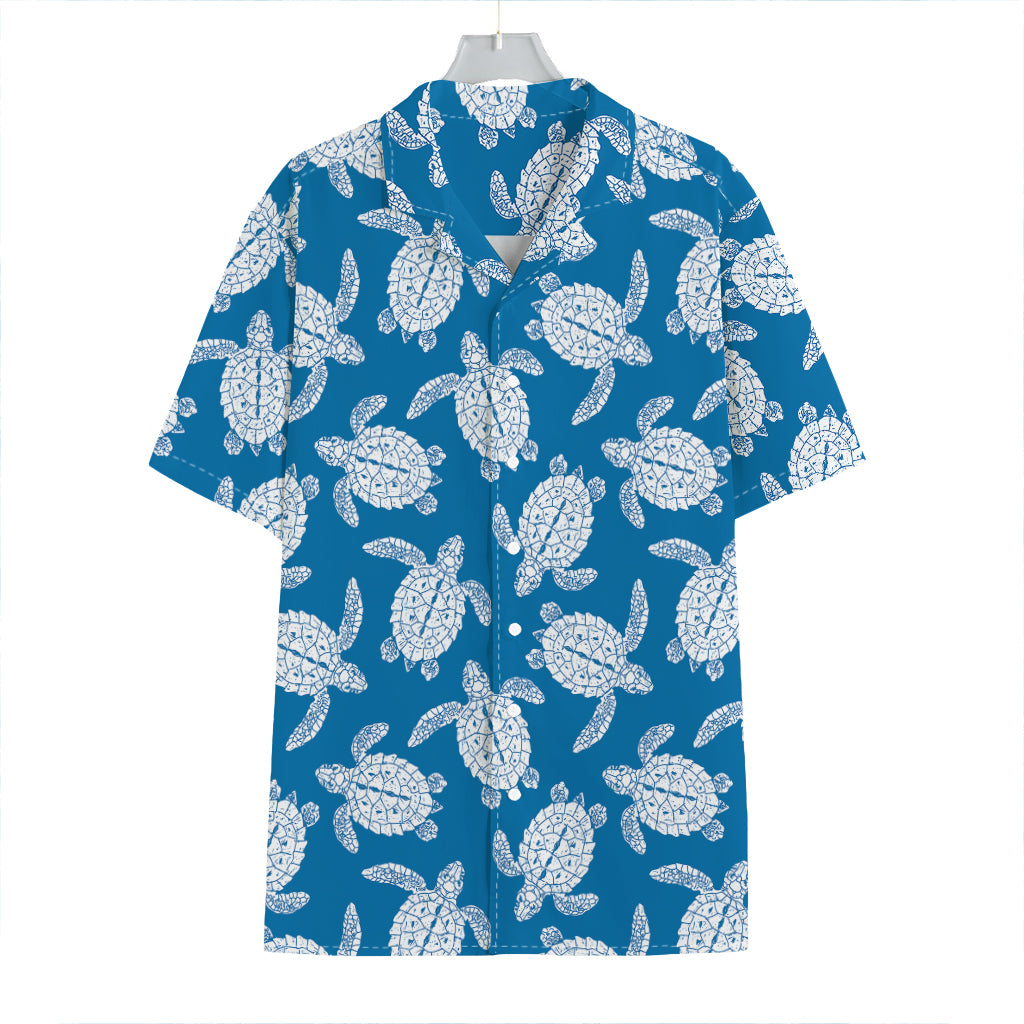 Blue And White Sea Turtle Pattern Print Hawaiian Shirt