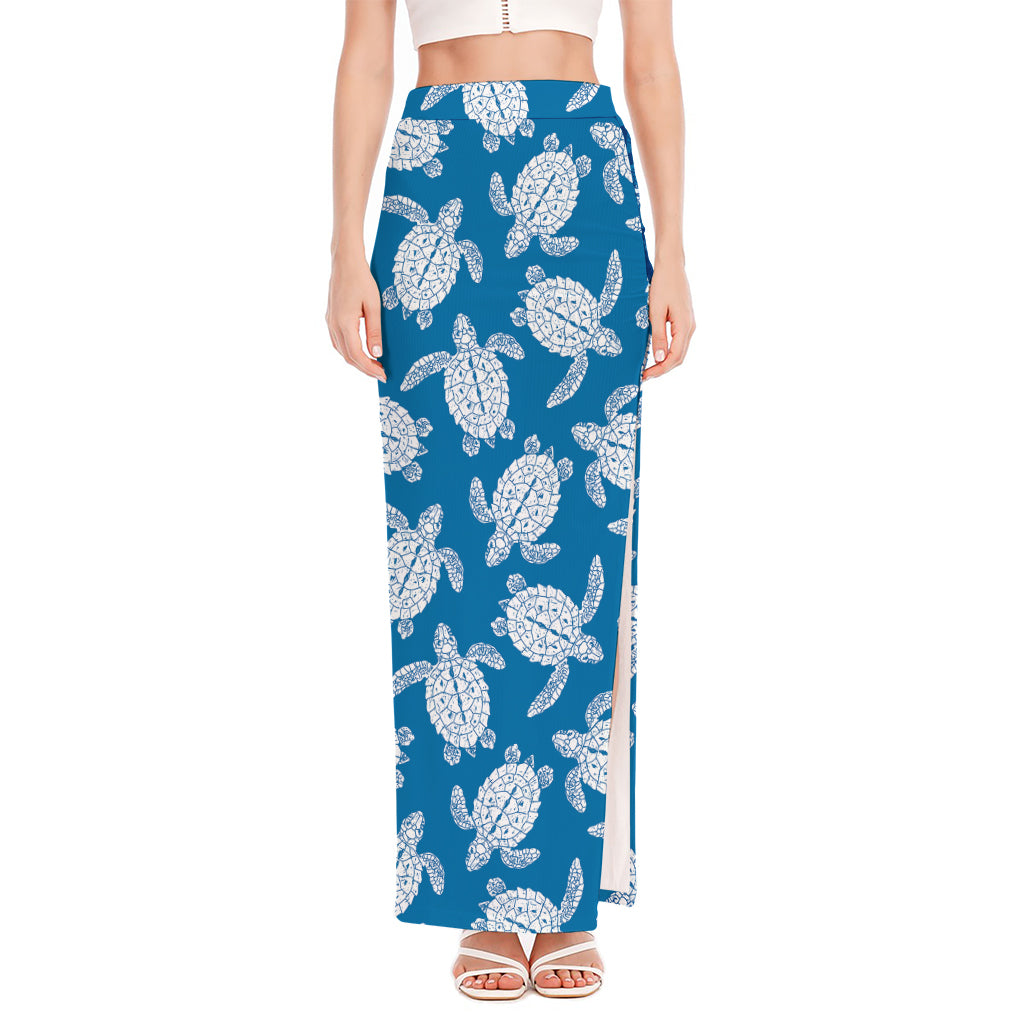 Blue And White Sea Turtle Pattern Print High Slit Maxi Skirt