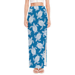 Blue And White Sea Turtle Pattern Print High Slit Maxi Skirt