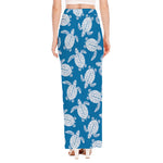 Blue And White Sea Turtle Pattern Print High Slit Maxi Skirt