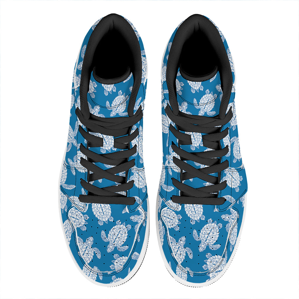 Blue And White Sea Turtle Pattern Print High Top Leather Sneakers