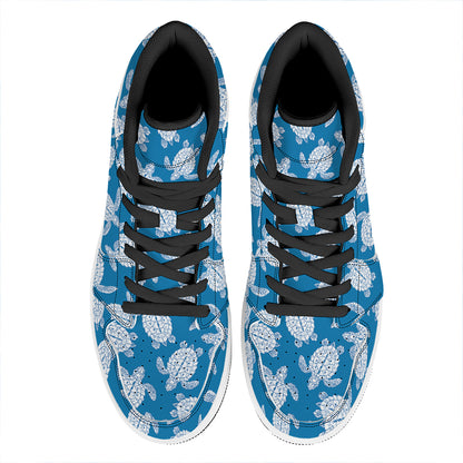 Blue And White Sea Turtle Pattern Print High Top Leather Sneakers