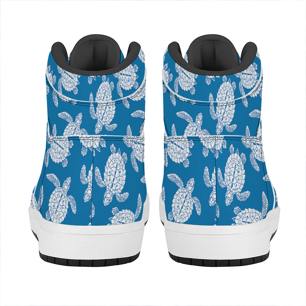 Blue And White Sea Turtle Pattern Print High Top Leather Sneakers