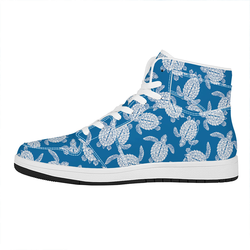 Blue And White Sea Turtle Pattern Print High Top Leather Sneakers