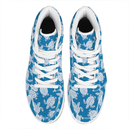 Blue And White Sea Turtle Pattern Print High Top Leather Sneakers