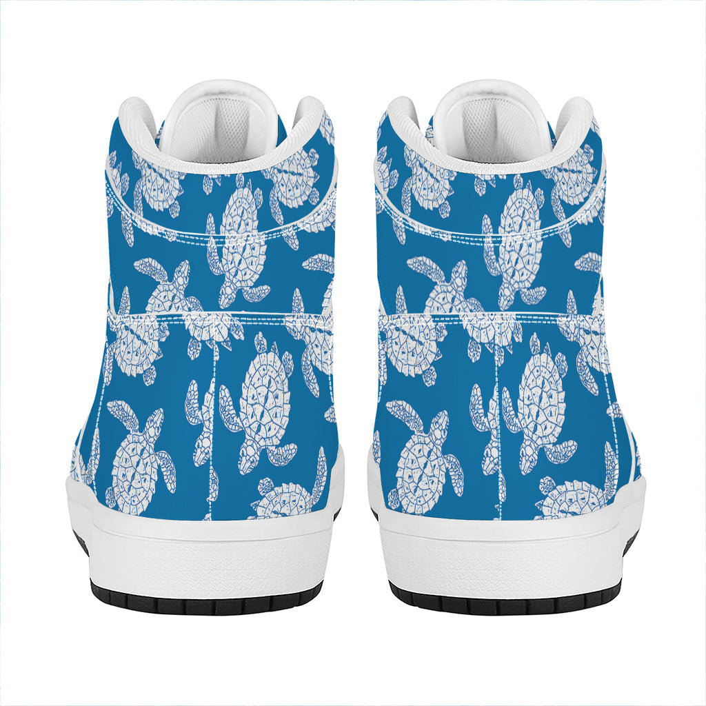 Blue And White Sea Turtle Pattern Print High Top Leather Sneakers