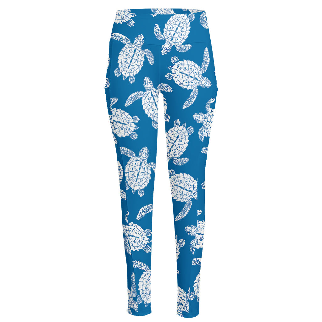 Blue And White Sea Turtle Pattern Print High-Waisted Pocket Leggings