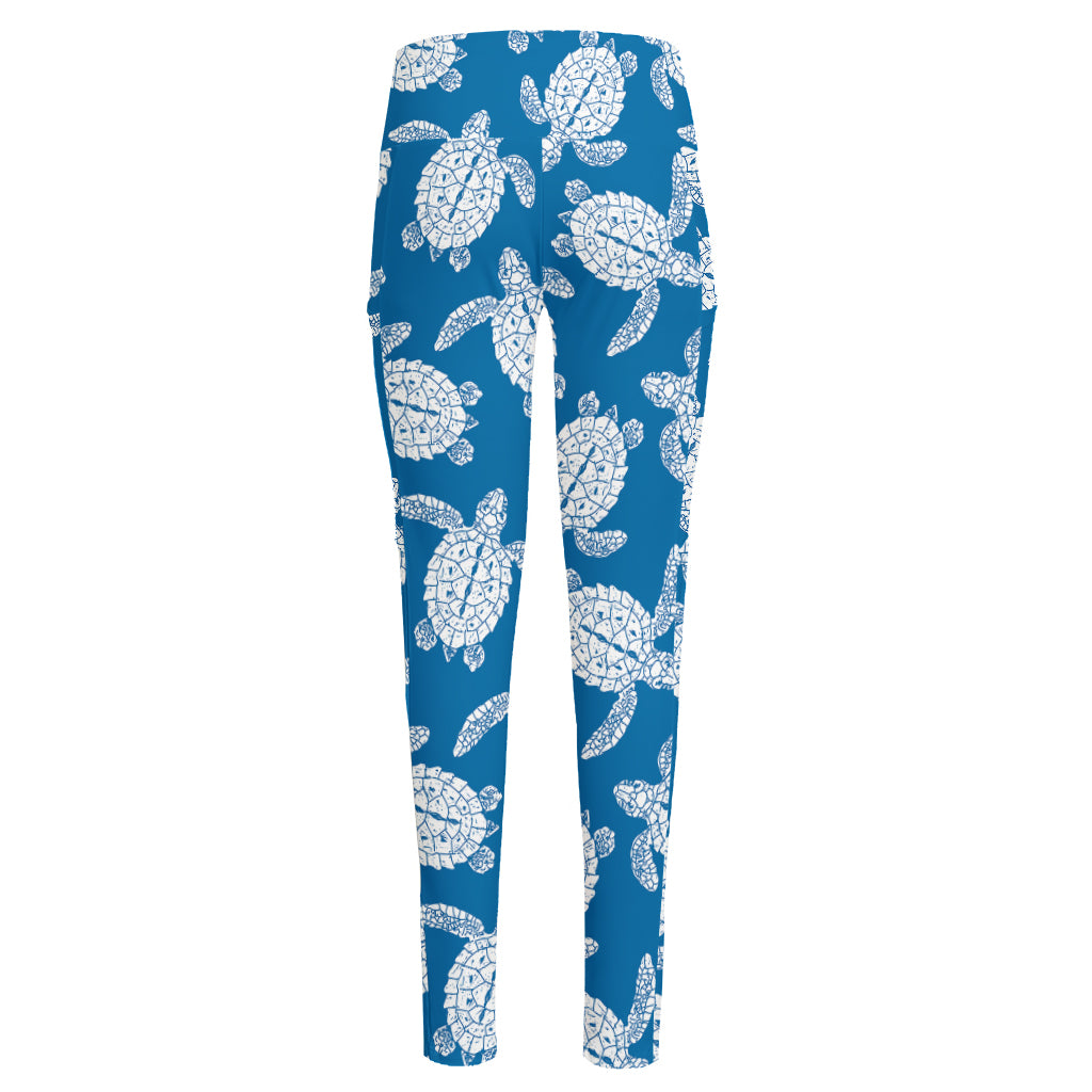 Blue And White Sea Turtle Pattern Print High-Waisted Pocket Leggings