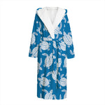 Blue And White Sea Turtle Pattern Print Hooded Bathrobe