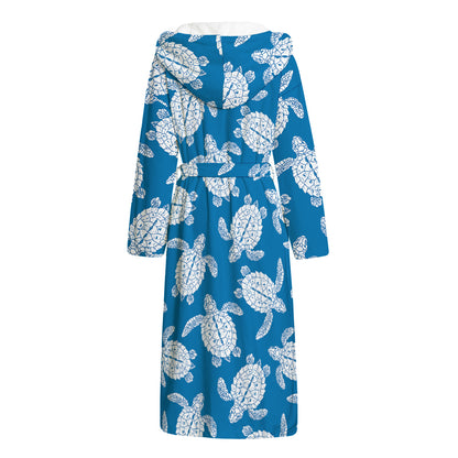 Blue And White Sea Turtle Pattern Print Hooded Bathrobe