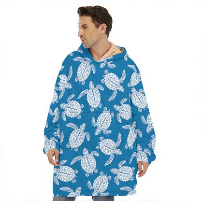 Blue And White Sea Turtle Pattern Print Hoodie Blanket