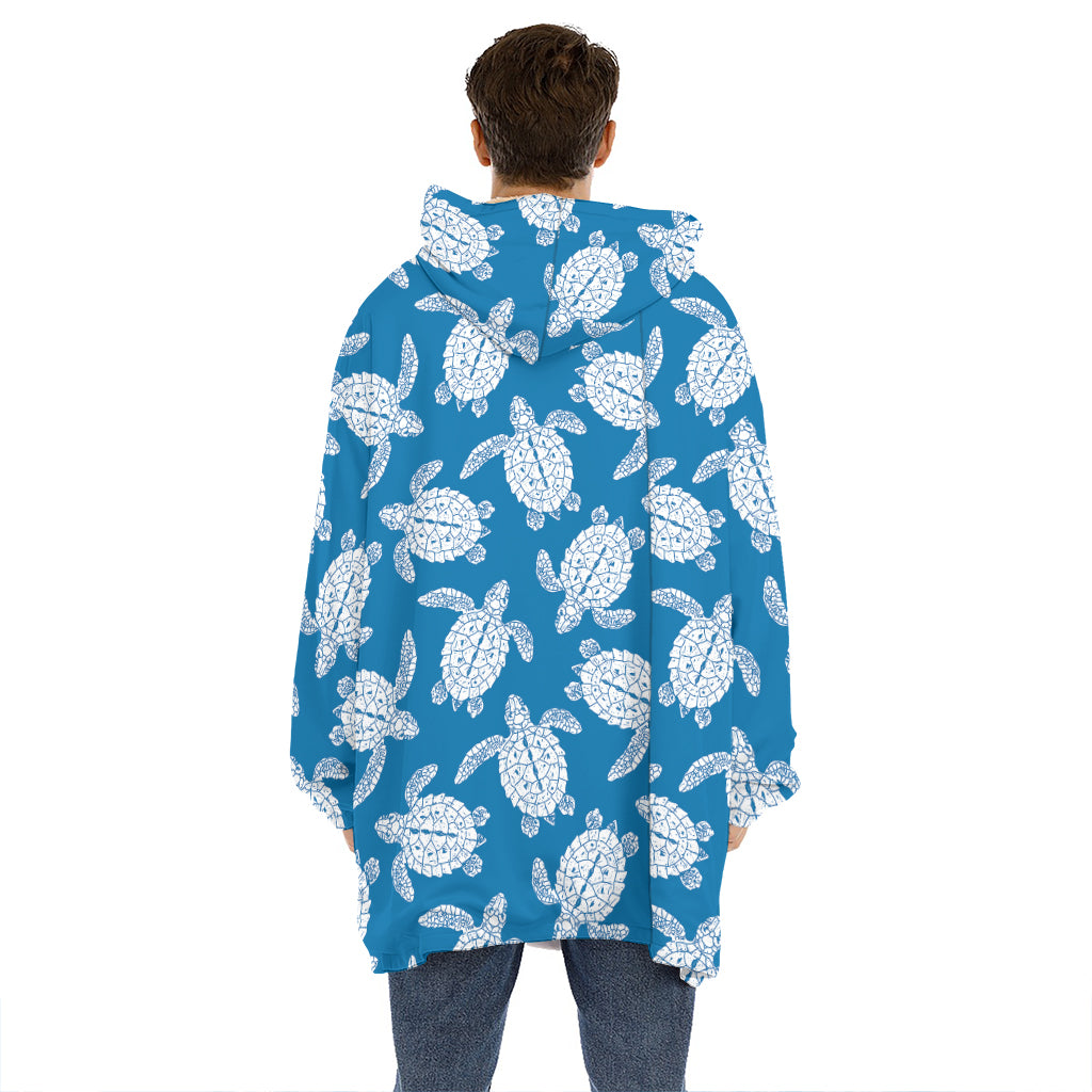 Blue And White Sea Turtle Pattern Print Hoodie Blanket