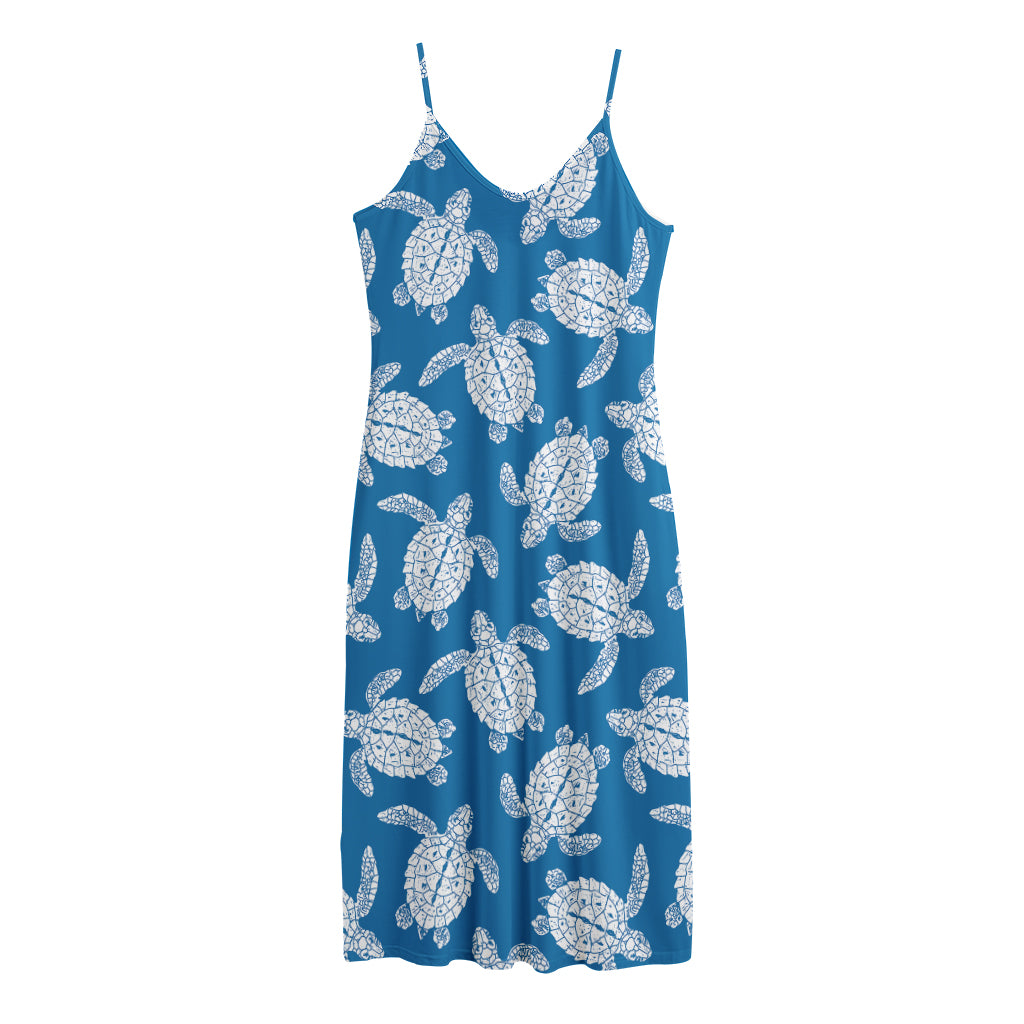 Blue And White Sea Turtle Pattern Print Jersey Midi Cami Dress