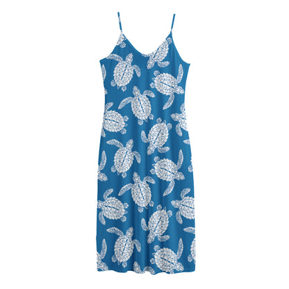 Blue And White Sea Turtle Pattern Print Jersey Midi Cami Dress