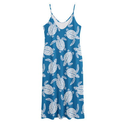 Blue And White Sea Turtle Pattern Print Jersey Midi Cami Dress
