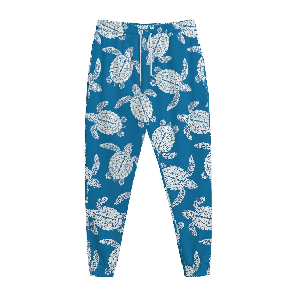 Blue And White Sea Turtle Pattern Print Jogger Pants