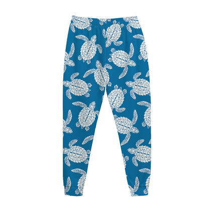 Blue And White Sea Turtle Pattern Print Jogger Pants