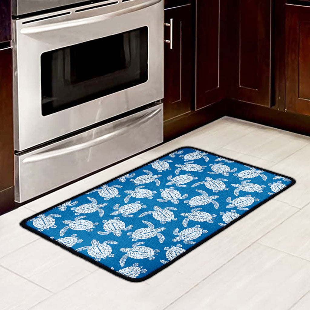 Blue And White Sea Turtle Pattern Print Kitchen Mat