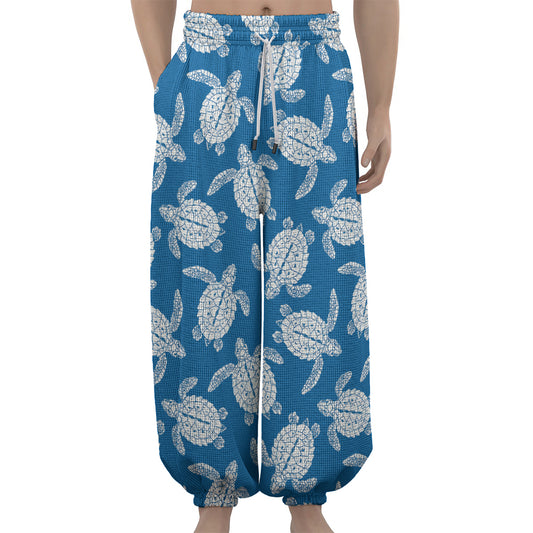 Blue And White Sea Turtle Pattern Print Lantern Pants