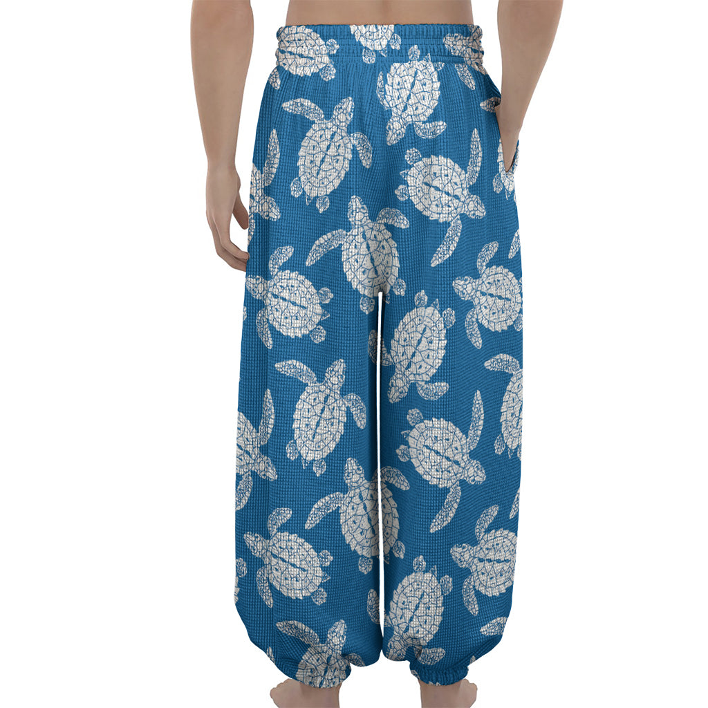 Blue And White Sea Turtle Pattern Print Lantern Pants