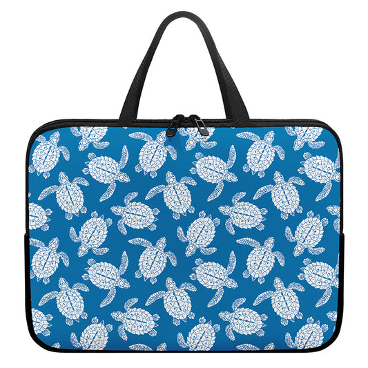 Blue And White Sea Turtle Pattern Print Laptop Sleeve With Handle