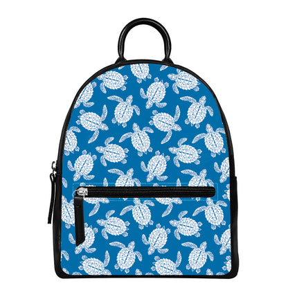 Blue And White Sea Turtle Pattern Print Leather Backpack