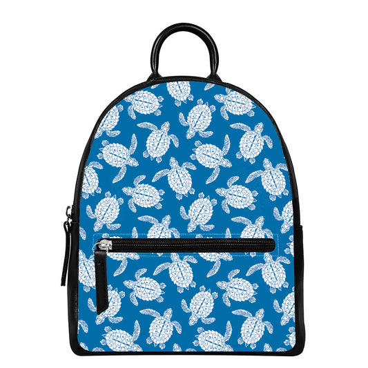 Blue And White Sea Turtle Pattern Print Leather Backpack