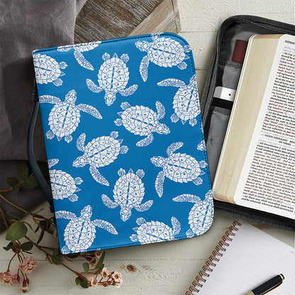 Blue And White Sea Turtle Pattern Print Leather Bible Cover