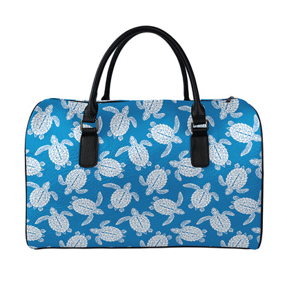 Blue And White Sea Turtle Pattern Print Leather Duffle Bag