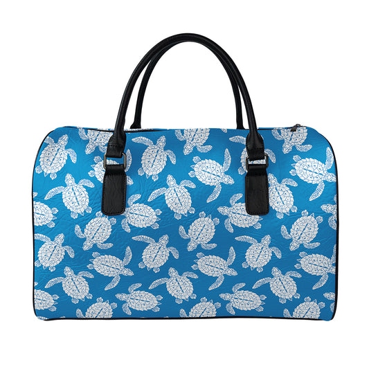 Blue And White Sea Turtle Pattern Print Leather Duffle Bag