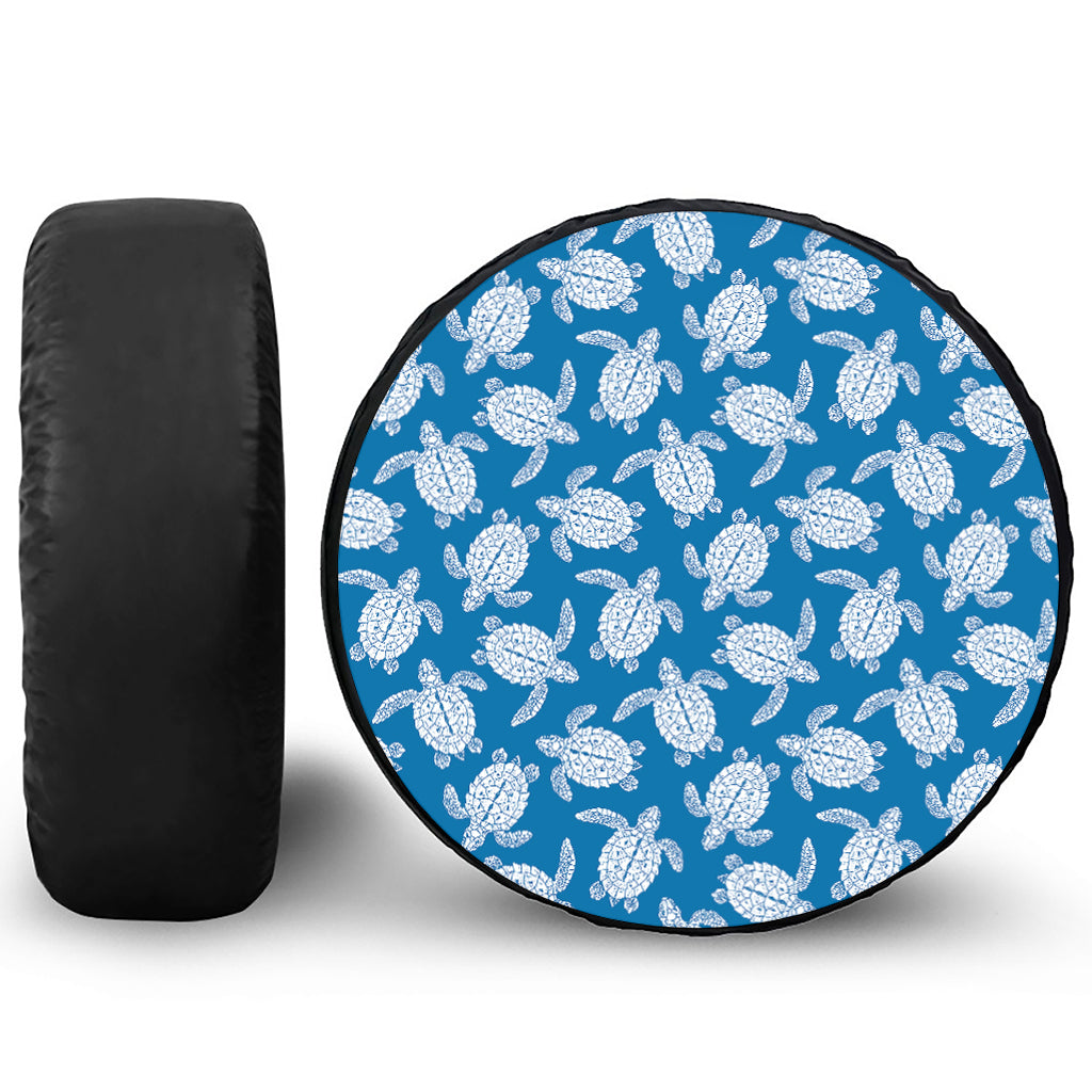 Blue And White Sea Turtle Pattern Print Leather Spare Tire Cover